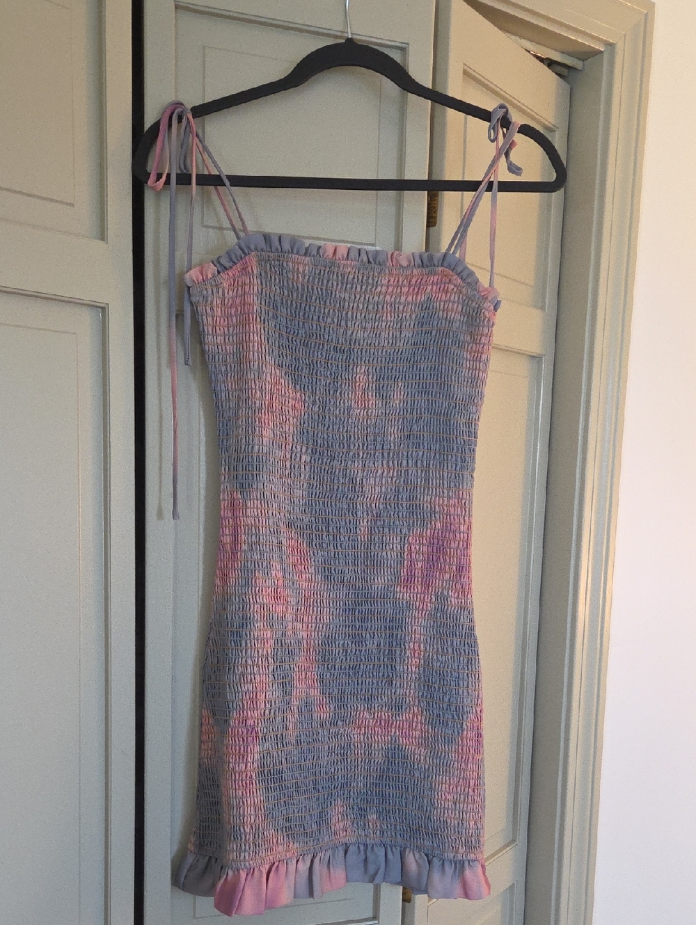 Storia Tie-Shoulder Smocked Mini Dress in Lavender and Pink